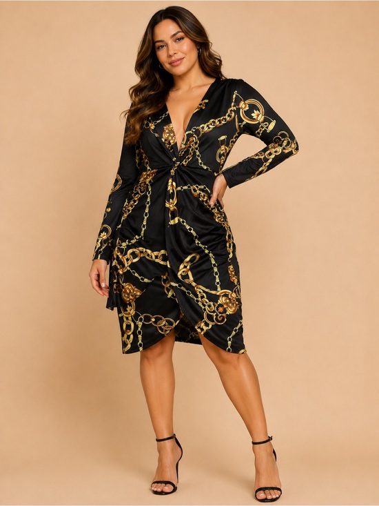 Dresses & Skirts - Gold Chain Print Black Knot Front Dress